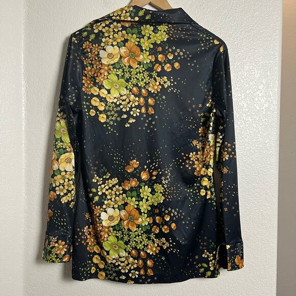 70’s Vintage Black Floral Print Long Sleeve Blouse Size L - Picture 6 of 7